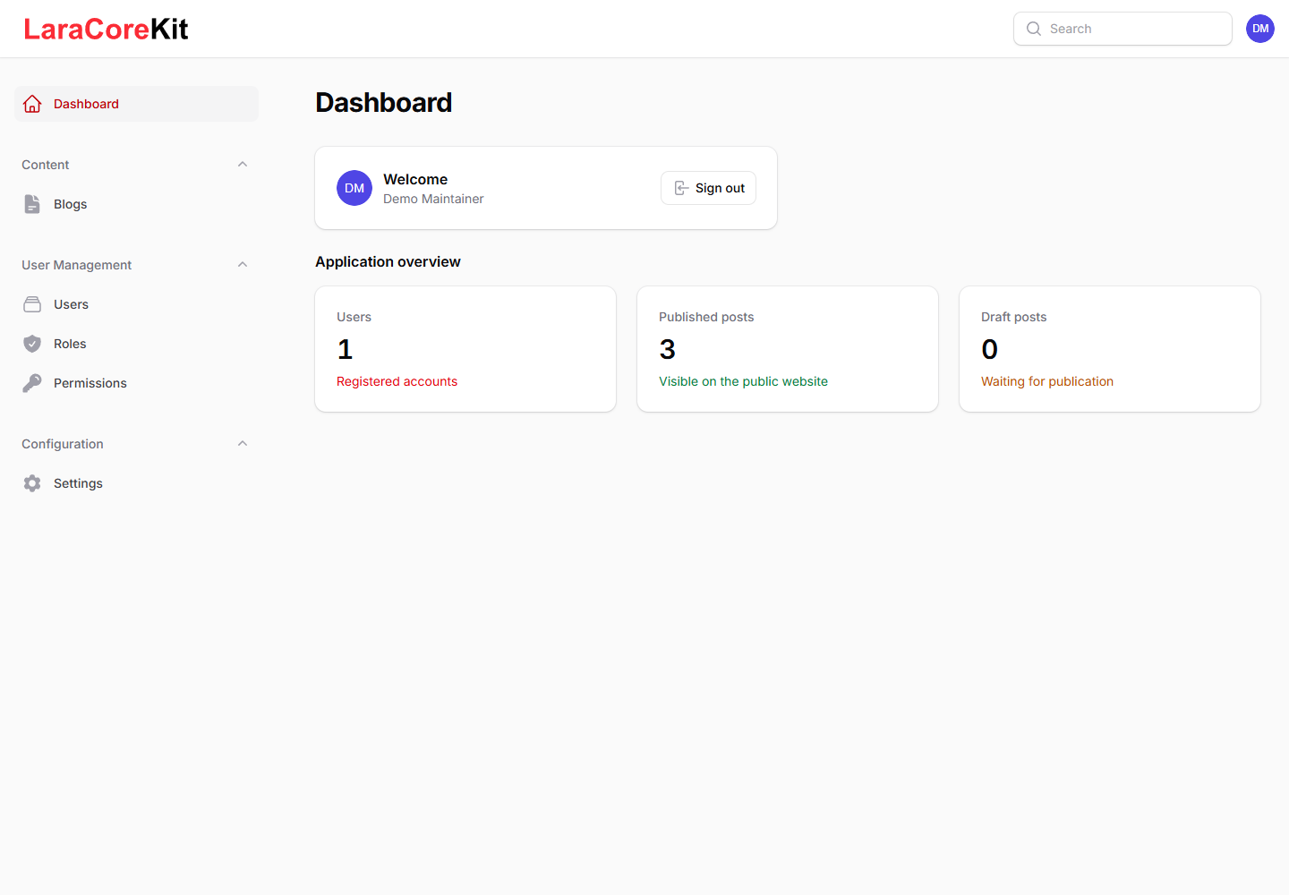 Administration in the LaraCoreKit demo